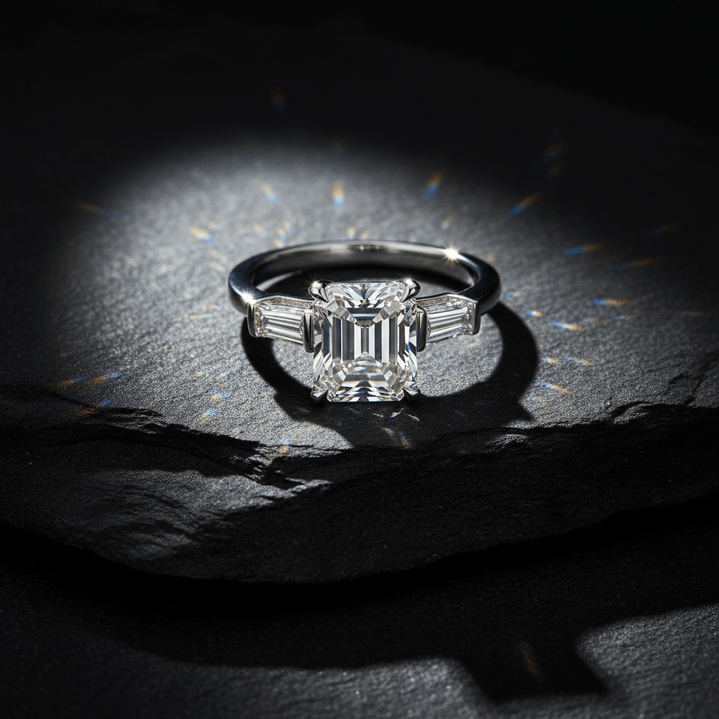 1.50 ct Emerald Cut Three-Stone in Platinum | Diamond Engagement Ring - HD Studio