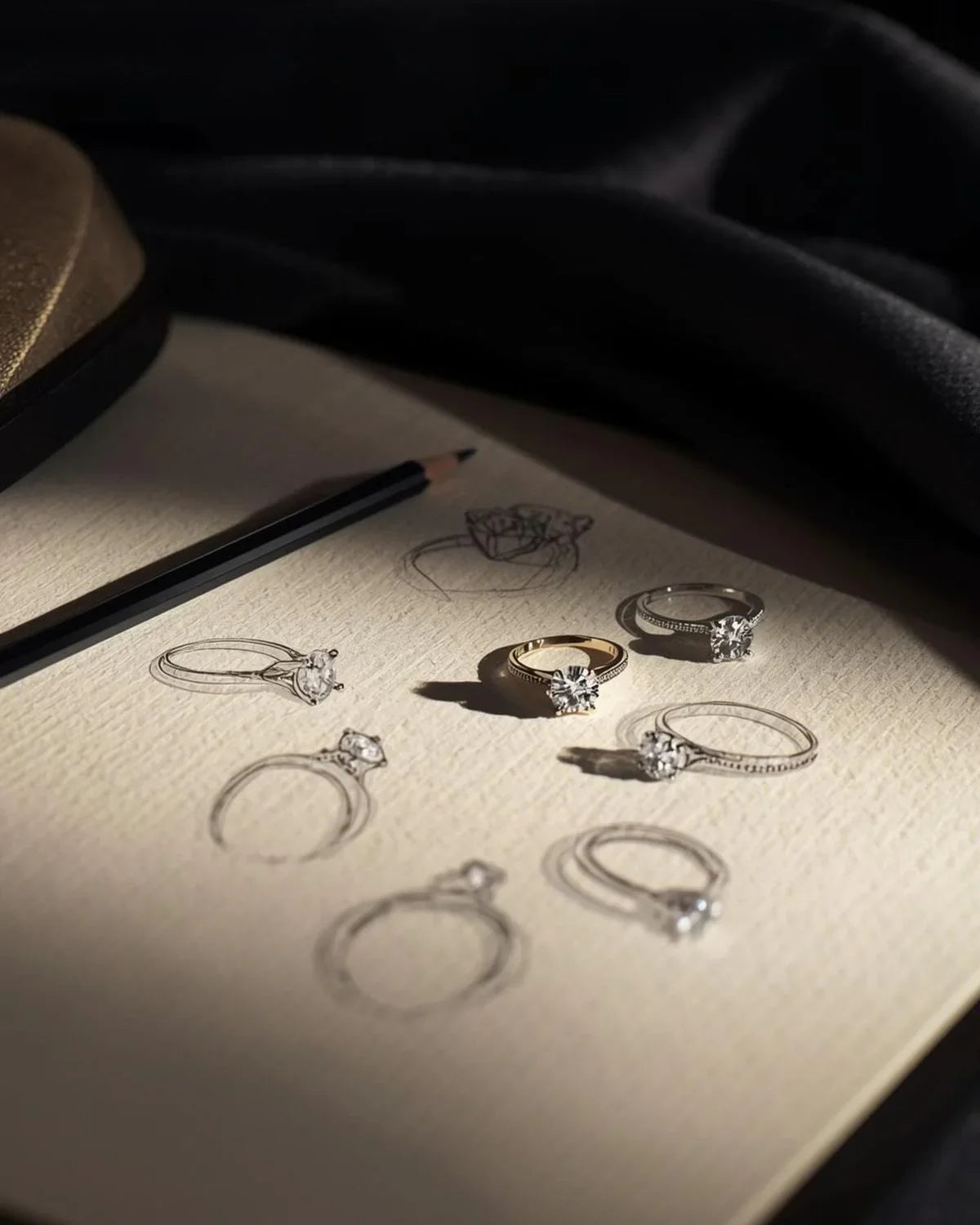 Bespoke diamond engagement ring sketches and sample rings at HD Studio London