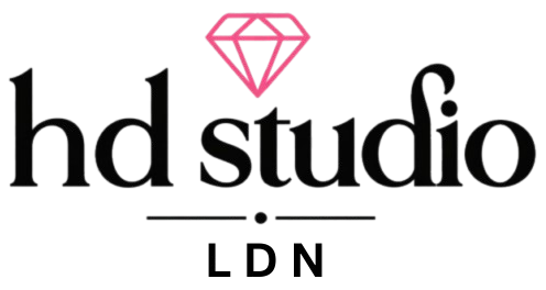 Logo of hd studio LDN with a pink diamond symbol on a white background