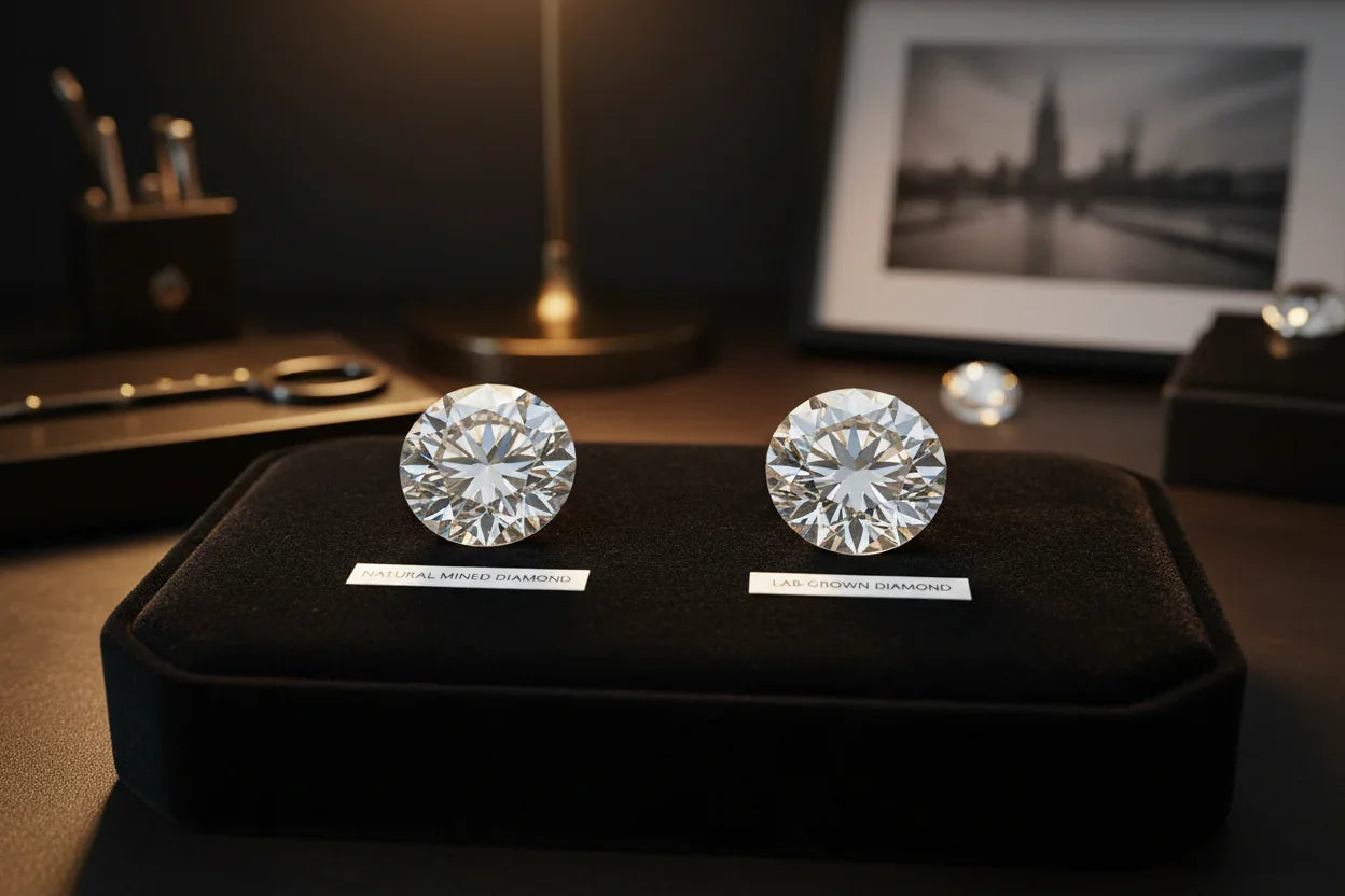 Natural and lab-grown diamonds compared during a jewellery consultation