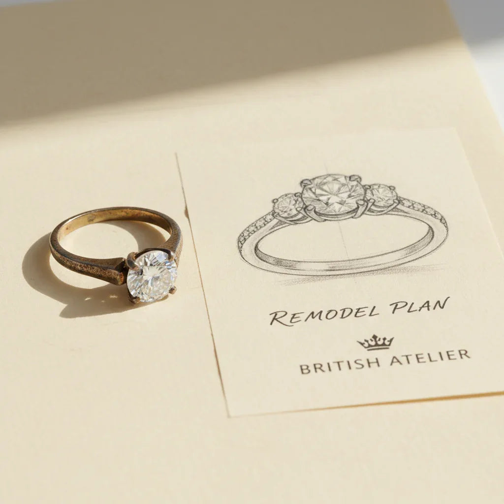 Diamond ring beside a new jewellery remodelling design sketch
