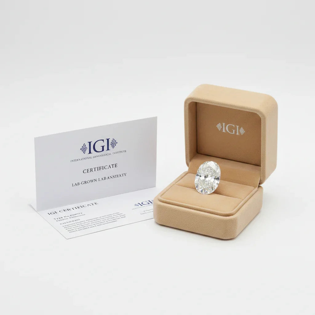 Oval lab-grown diamond in beige box with IGI certificate, certified loose diamond for engagement rings