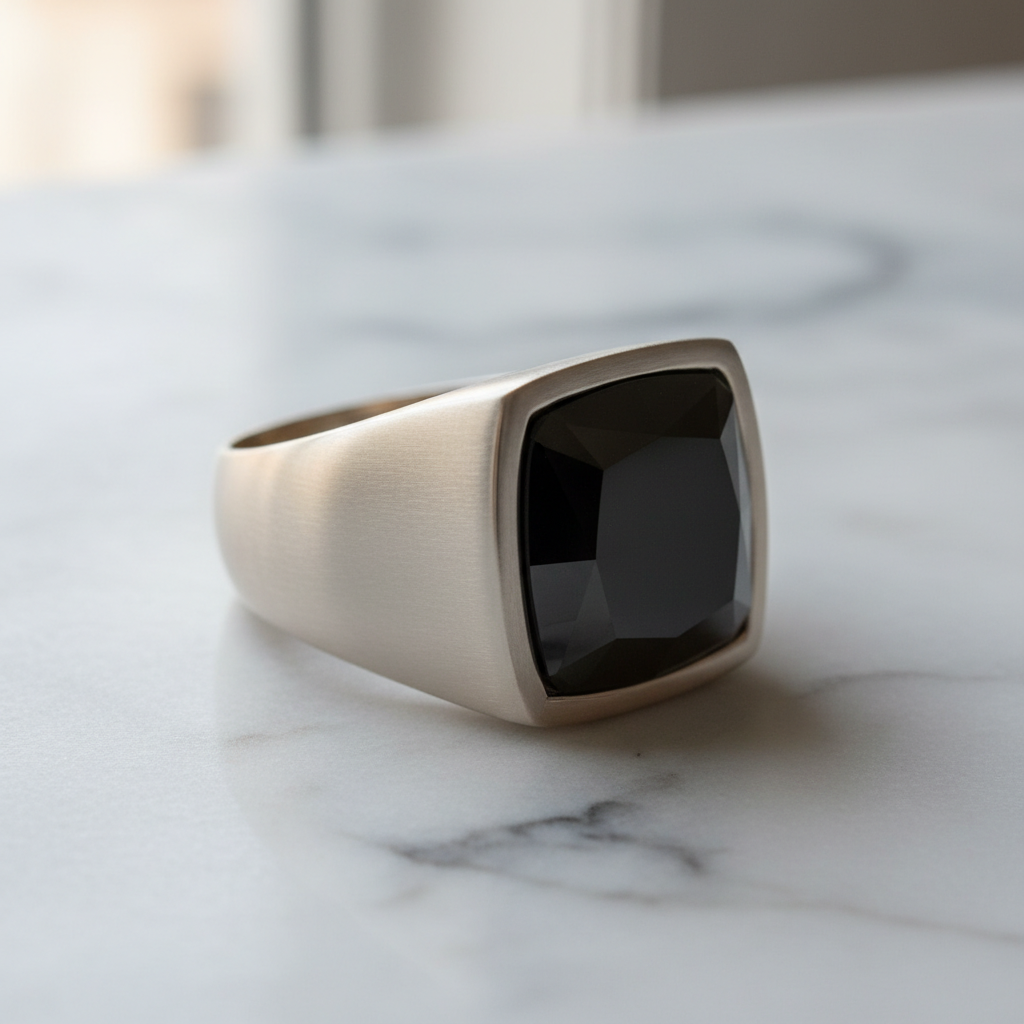 Camden Black Diamond Signet Ring – 45° Marble View