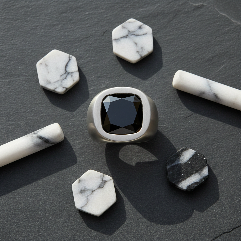 Camden Black Diamond Signet Ring – Editorial Flat Lay