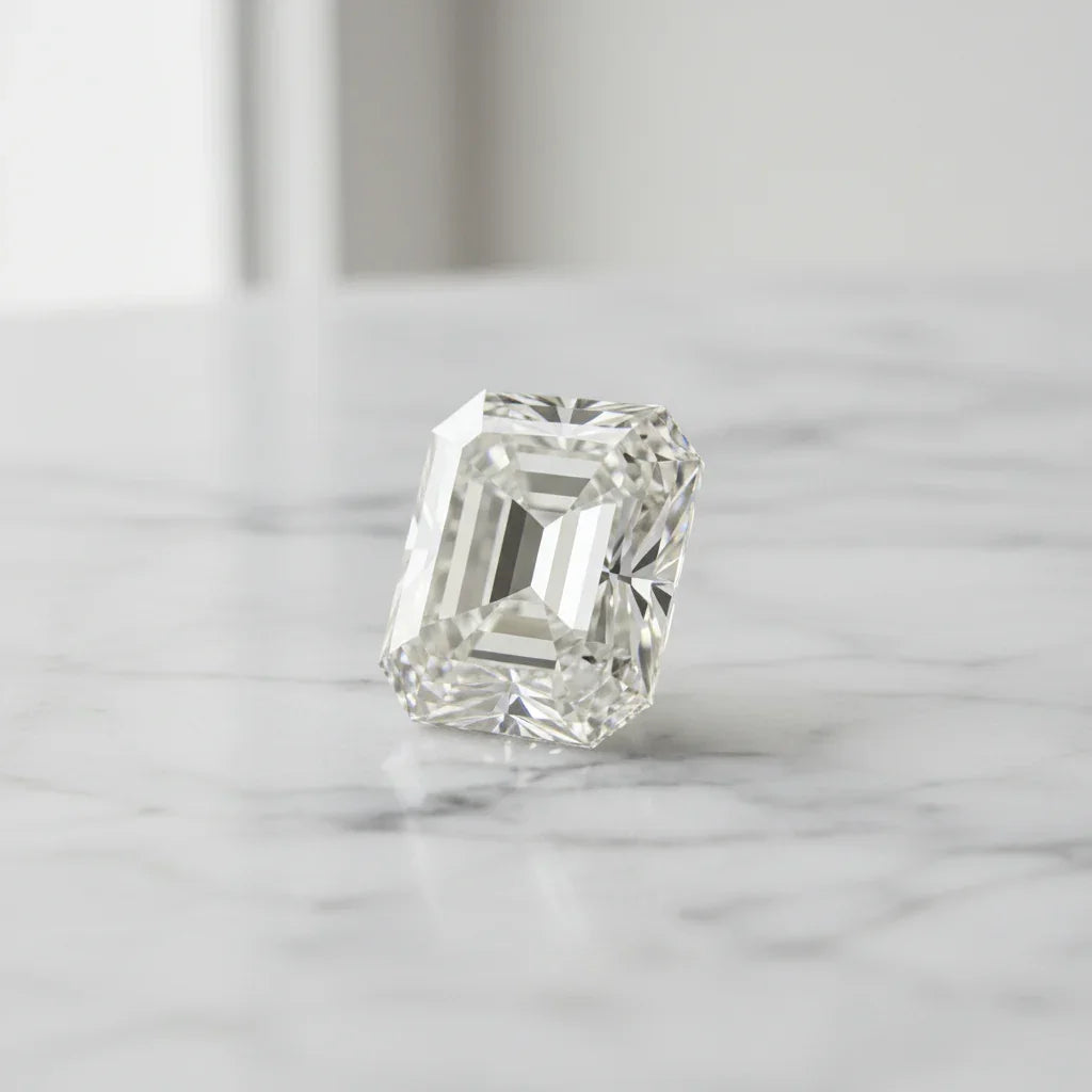 Radiant cut loose diamond on marble surface, ideal for bespoke engagement rings and fine jewellery