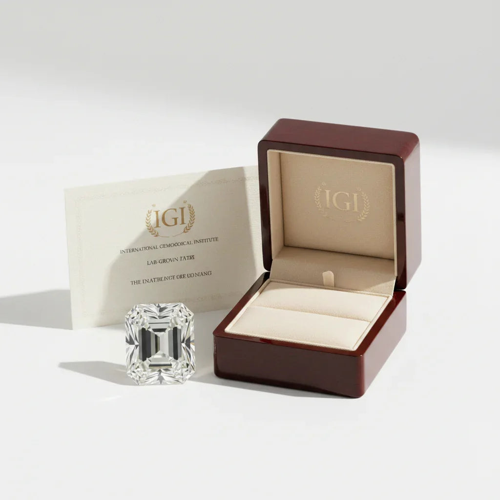 IGI certified lab-grown emerald cut diamond with certificate and luxury box, perfect for bespoke engagement rings