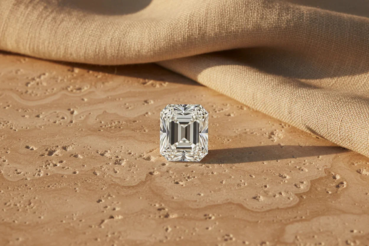 Radiant cut loose diamond on textured stone with fabric backdrop, ideal for bespoke engagement rings