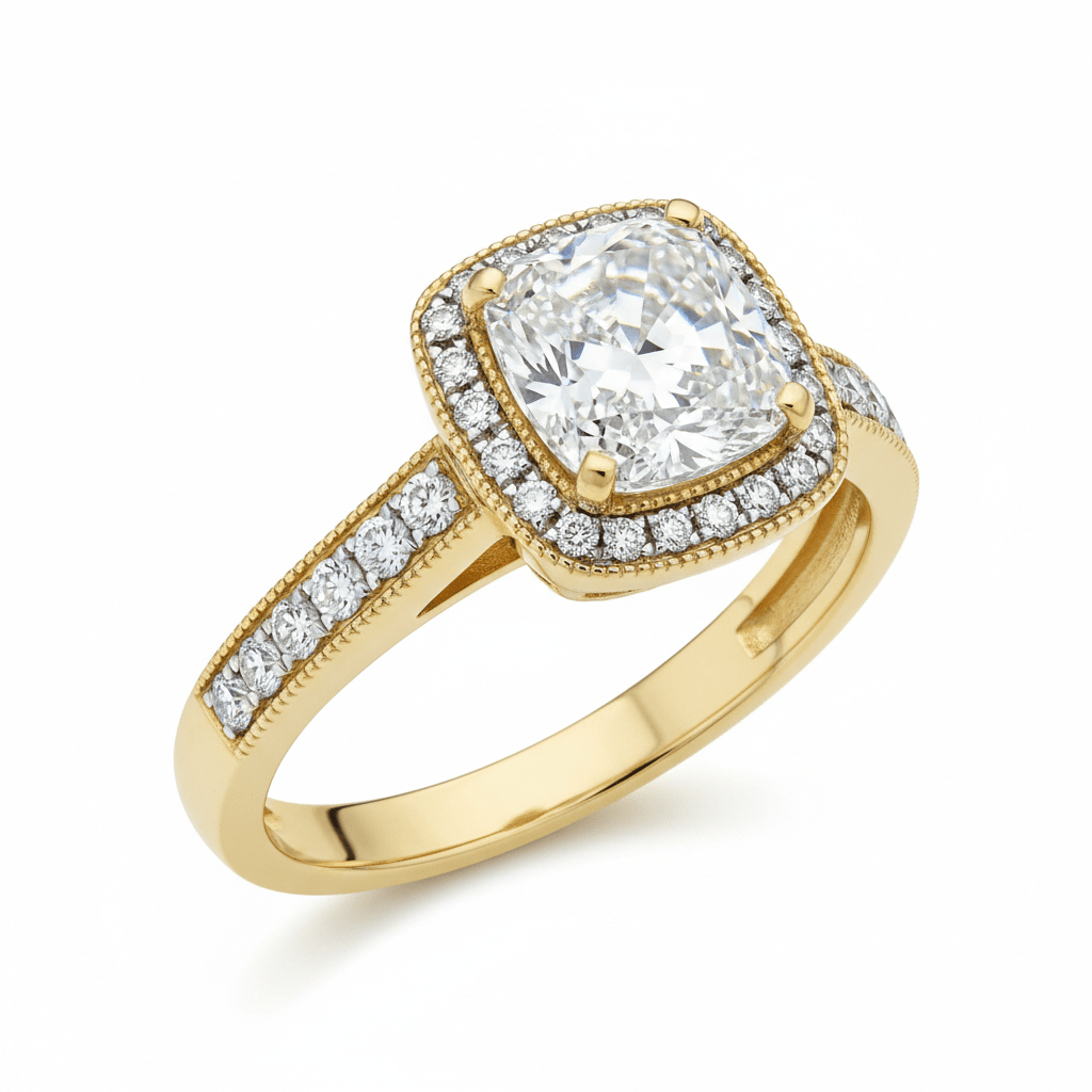 0.90 ct Cushion Cut Vintage in 18ct Yellow Gold | Diamond Engagement Ring - HD Studio