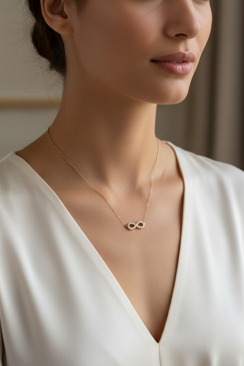 0.60ct Natural Diamond Infinity Pendant in 18ct Yellow Gold — On Model