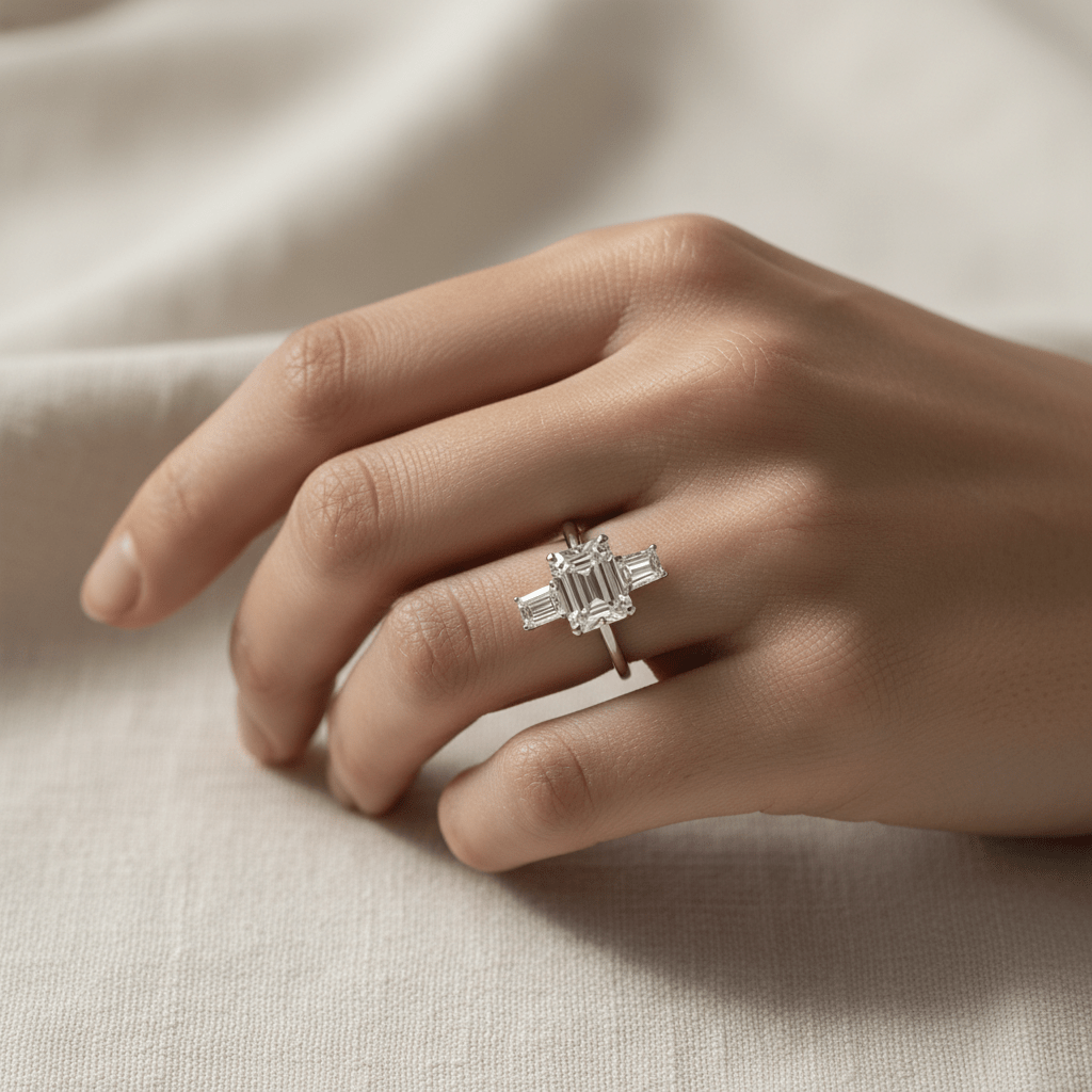 1.50 ct Emerald Cut Three-Stone in Platinum | Diamond Engagement Ring - HD Studio