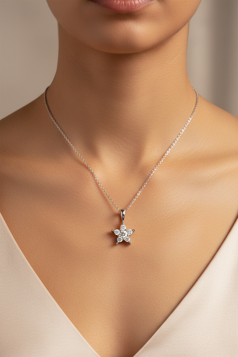 0.35ct Natural Diamond Star Pendant in Platinum — On Model