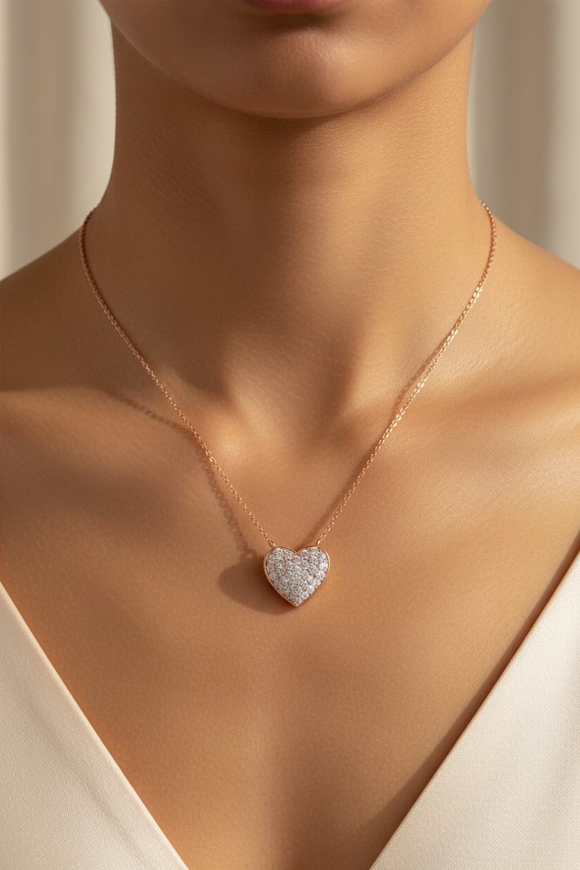 0.50ct Natural Diamond Heart Pendant in 18ct Rose Gold — On Model