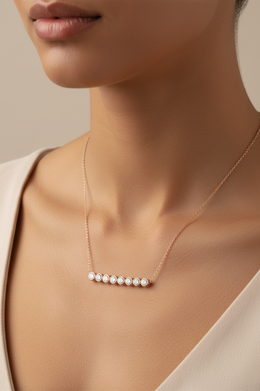 0.25ct Diamond Bar Necklace in 18ct Rose Gold — On Neck