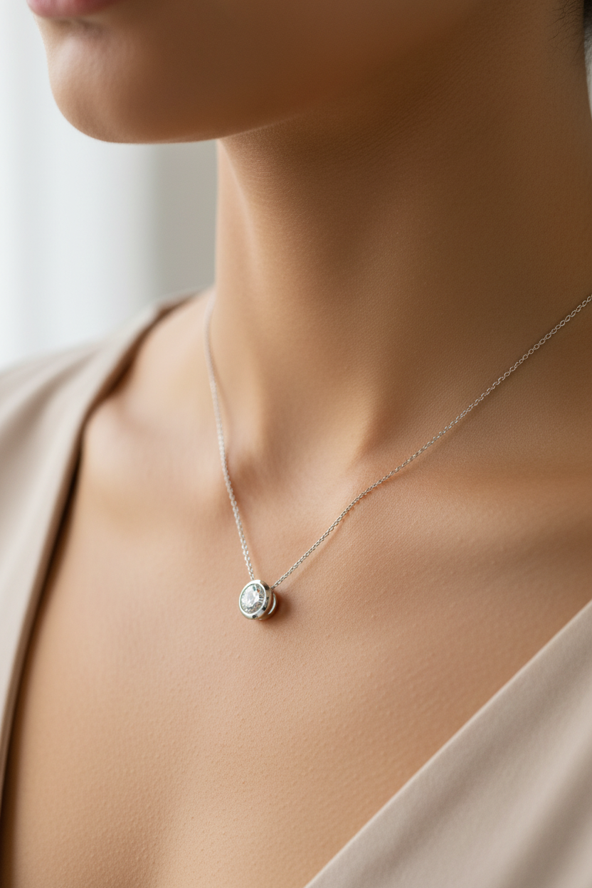 0.15ct Diamond Solitaire Pendant in 18ct White Gold — On Neck