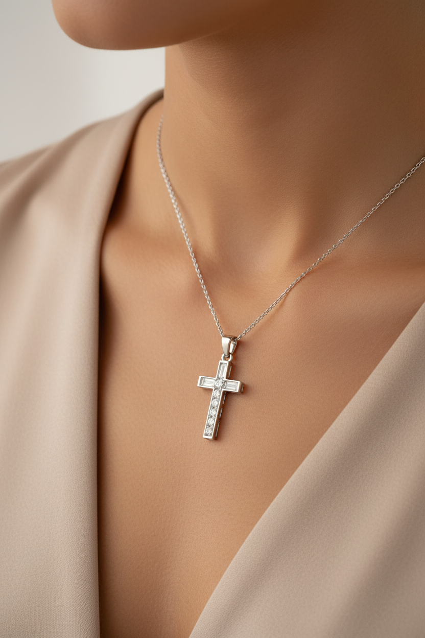 0.40ct Natural Diamond Cross Pendant in 18ct White Gold — On Model