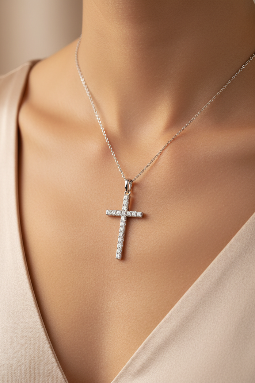 0.75ct Lab-Grown Diamond Cross Pendant in 18ct White Gold — On Model