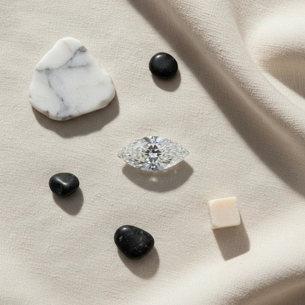 Marquise cut loose diamond on fabric with stones, ideal for bespoke engagement rings and jewellery