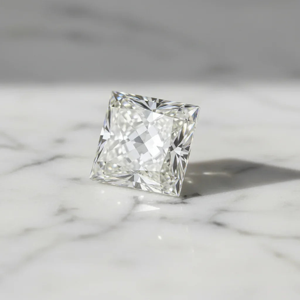 Sparkling princess cut loose diamond on marble surface, ideal for bespoke engagement rings