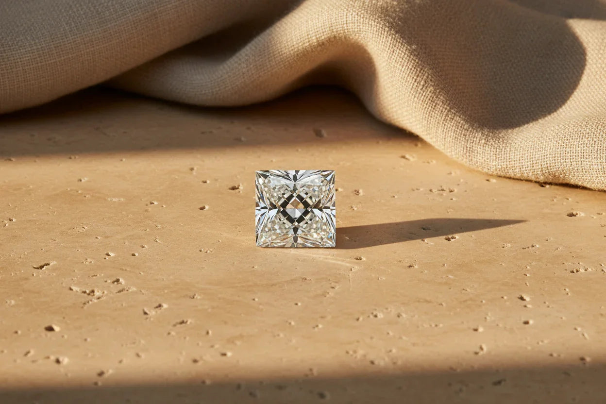 Sparkling princess cut loose diamond on textured stone surface, ideal for bespoke engagement rings