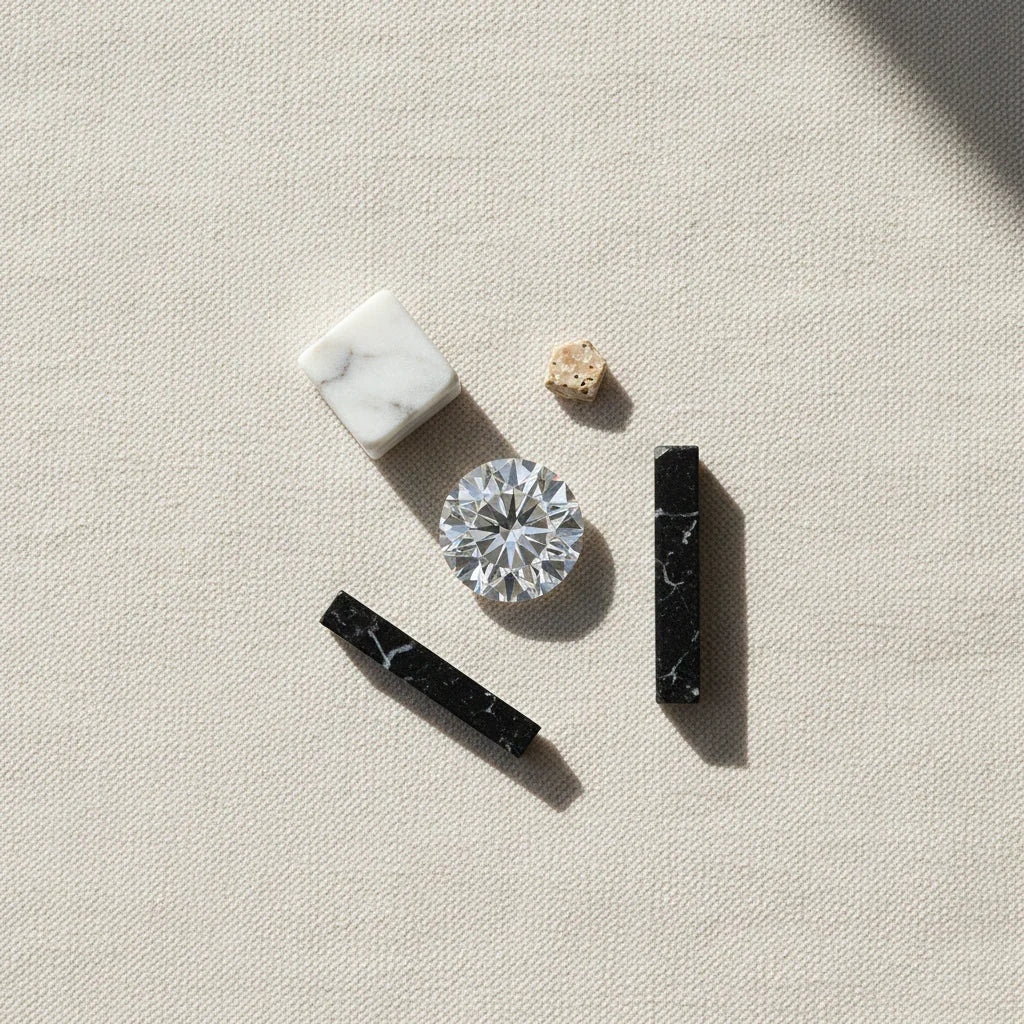 Sparkling round brilliant diamond with marble accents, ideal for bespoke engagement rings and fine jewellery design.