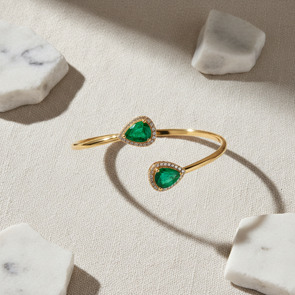 Primrose Emerald Open Bypass Bangle – Editorial Flat Lay