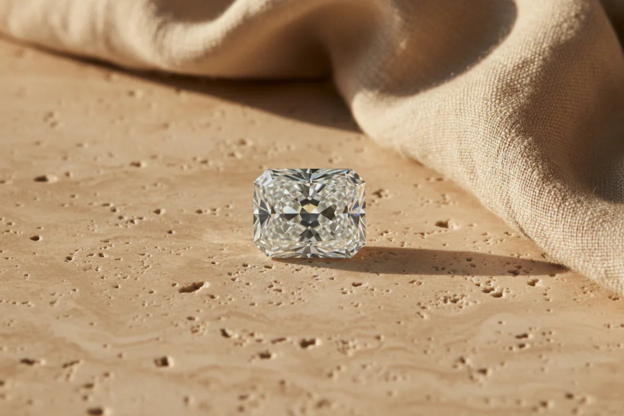 Radiant cut loose diamond on textured stone with fabric backdrop, ideal for bespoke engagement rings