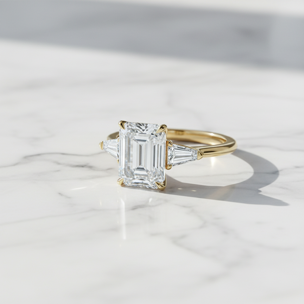 The Belgravia Emerald-Cut Three-Stone Ring — 45° Marble