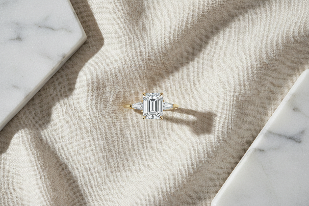 The Belgravia Emerald-Cut Three-Stone Ring — Editorial Flat Lay