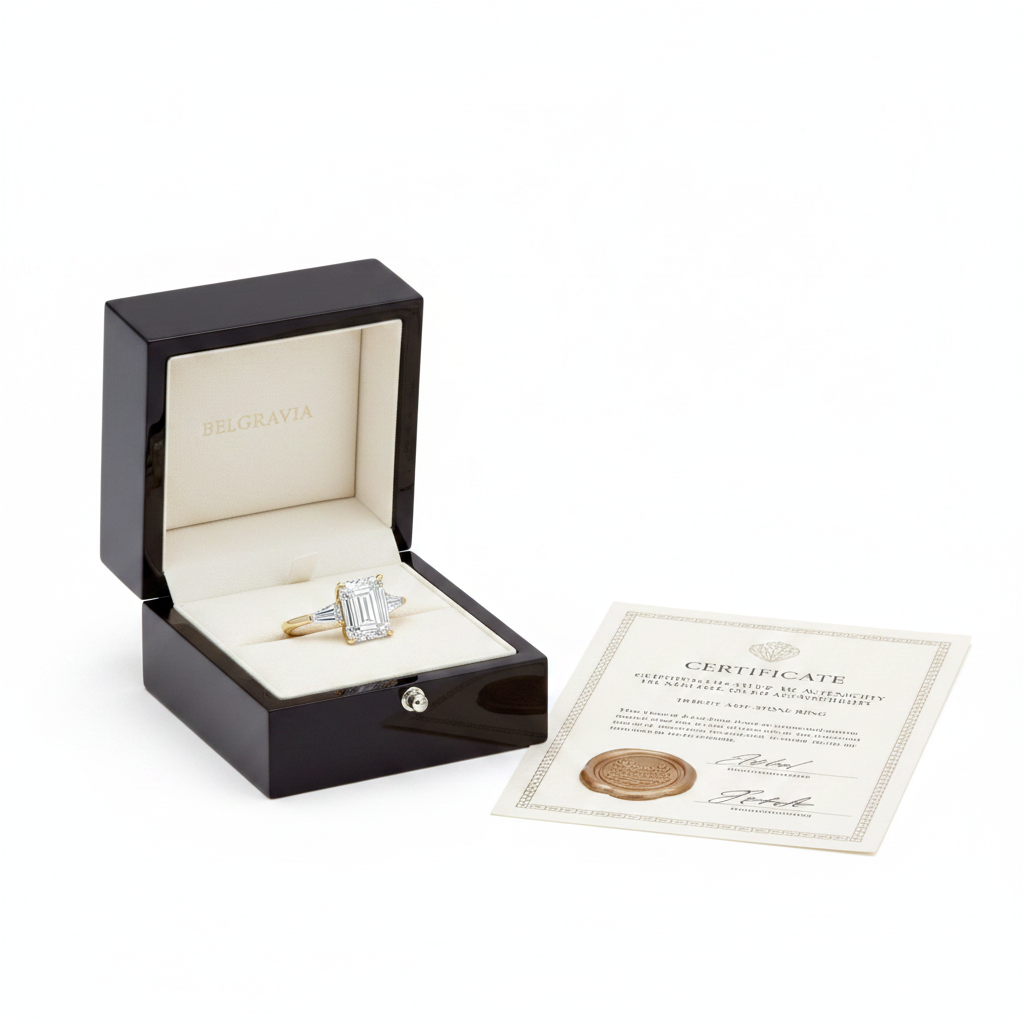 The Belgravia Emerald-Cut Three-Stone Ring — Packaging