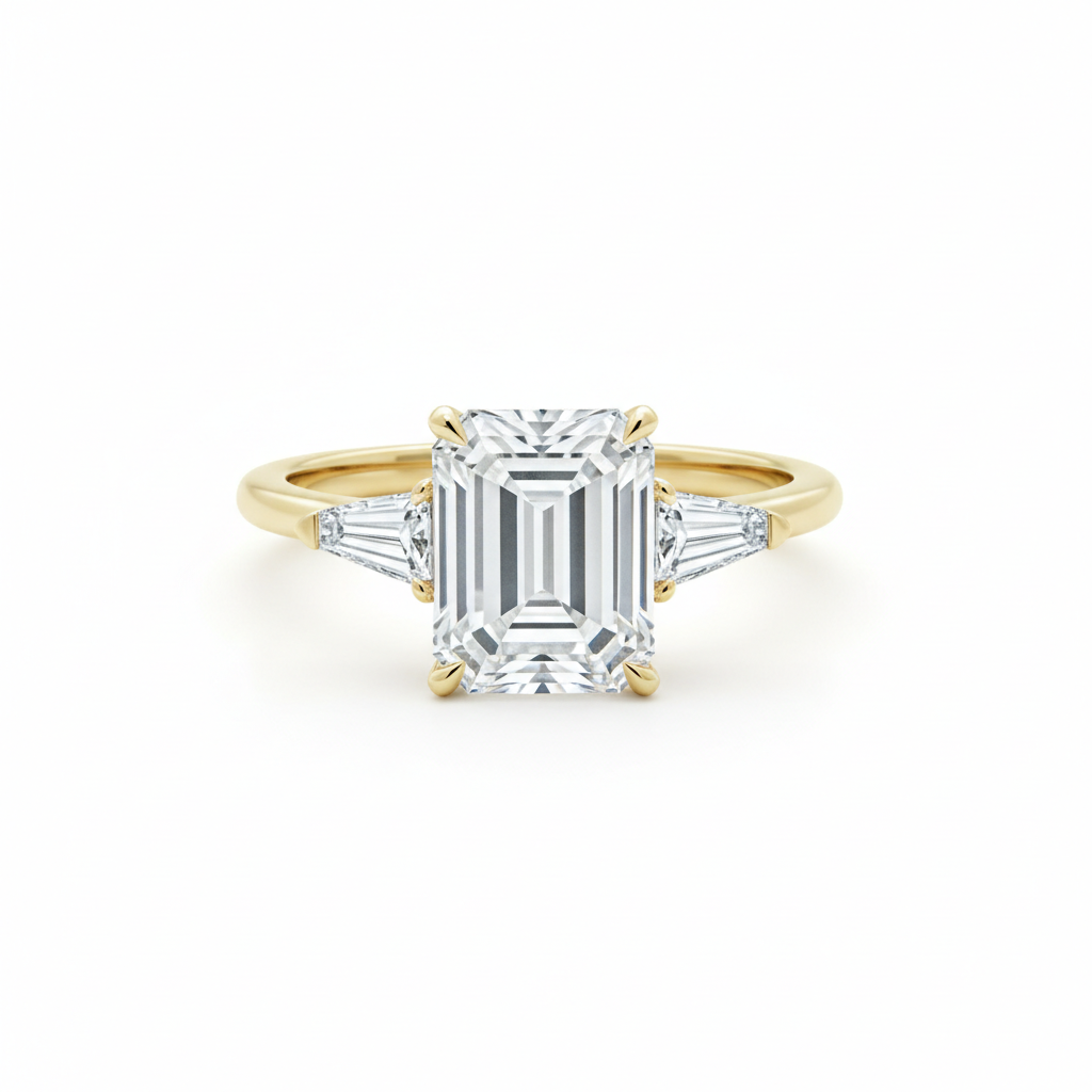 The Belgravia Emerald-Cut Three-Stone Ring — White Seamless