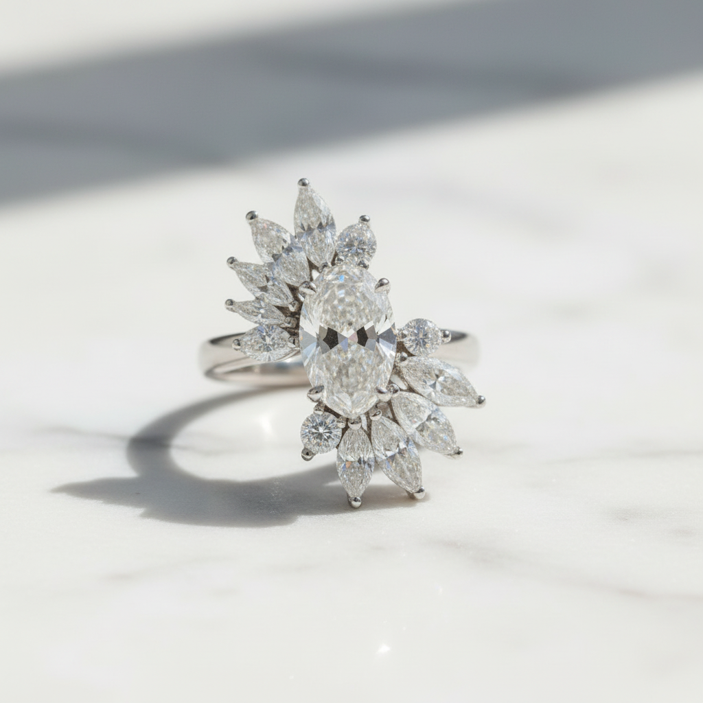 The Chelsea Pear-Shaped Cluster Ring — 45° Marble
