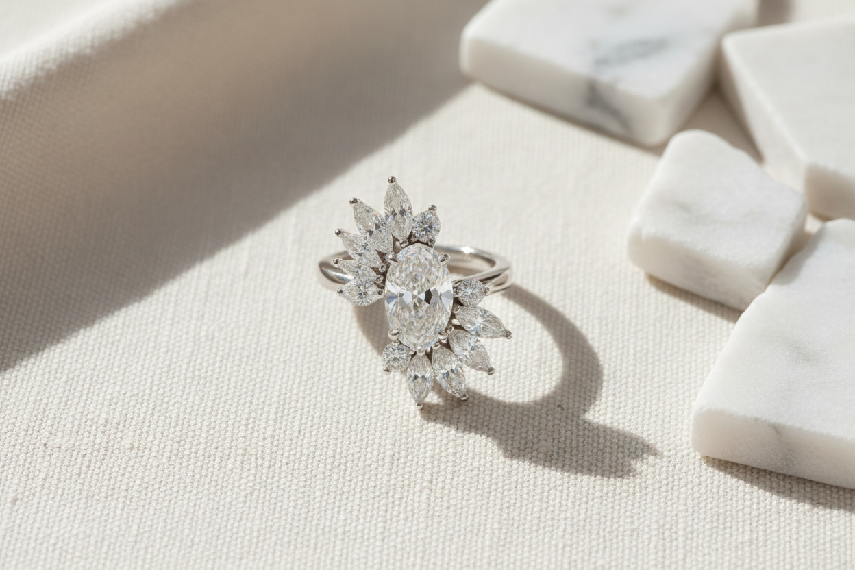 The Chelsea Pear-Shaped Cluster Ring — Editorial Flat Lay