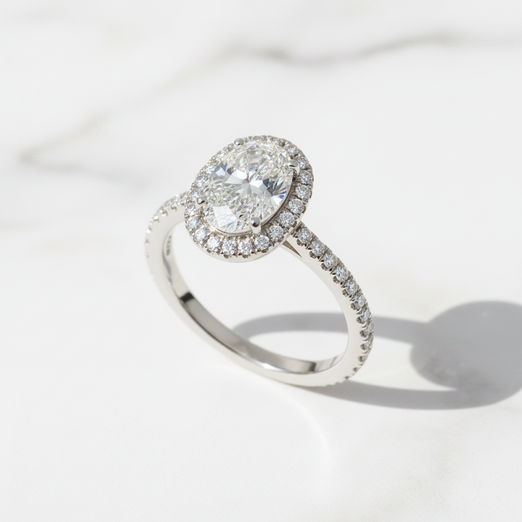 The Kensington Oval Halo Diamond Ring — 45° Marble