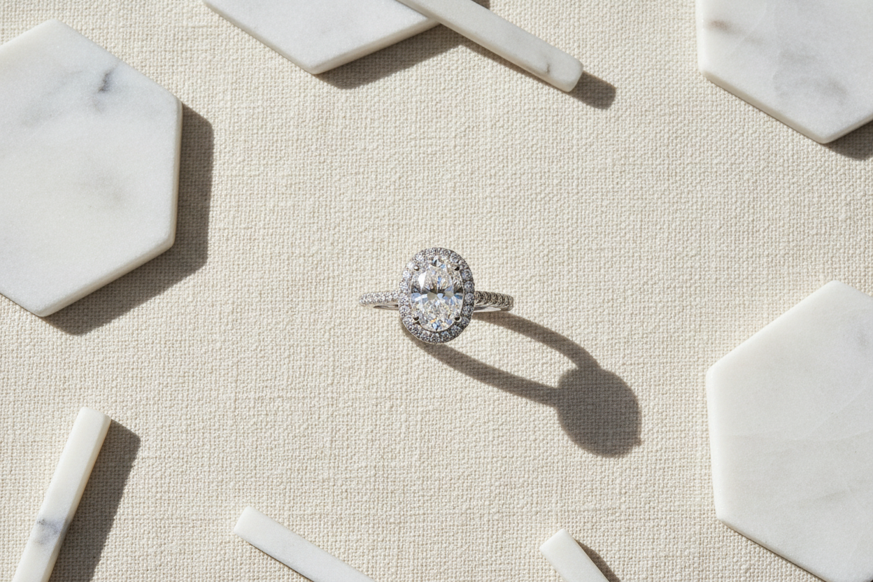 The Kensington Oval Halo Diamond Ring — Editorial Flat Lay