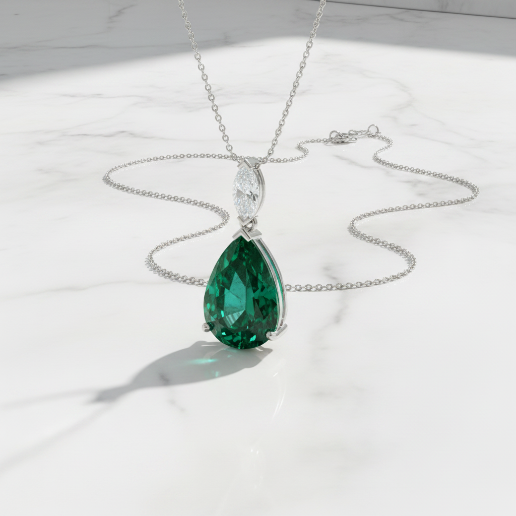 The Knightsbridge Pear-Shaped Emerald Pendant — 45° Marble