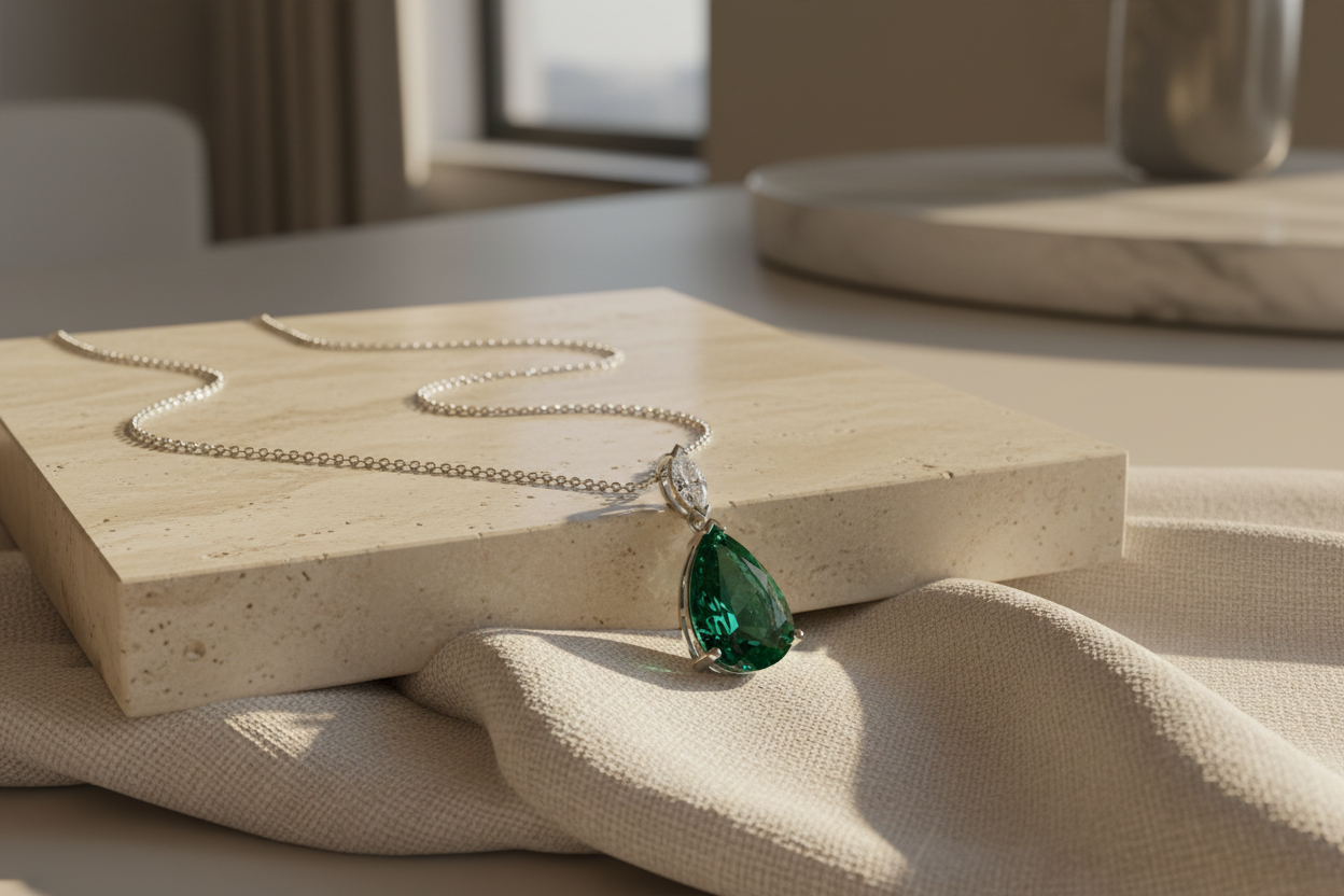 The Knightsbridge Pear-Shaped Emerald Pendant — Lifestyle