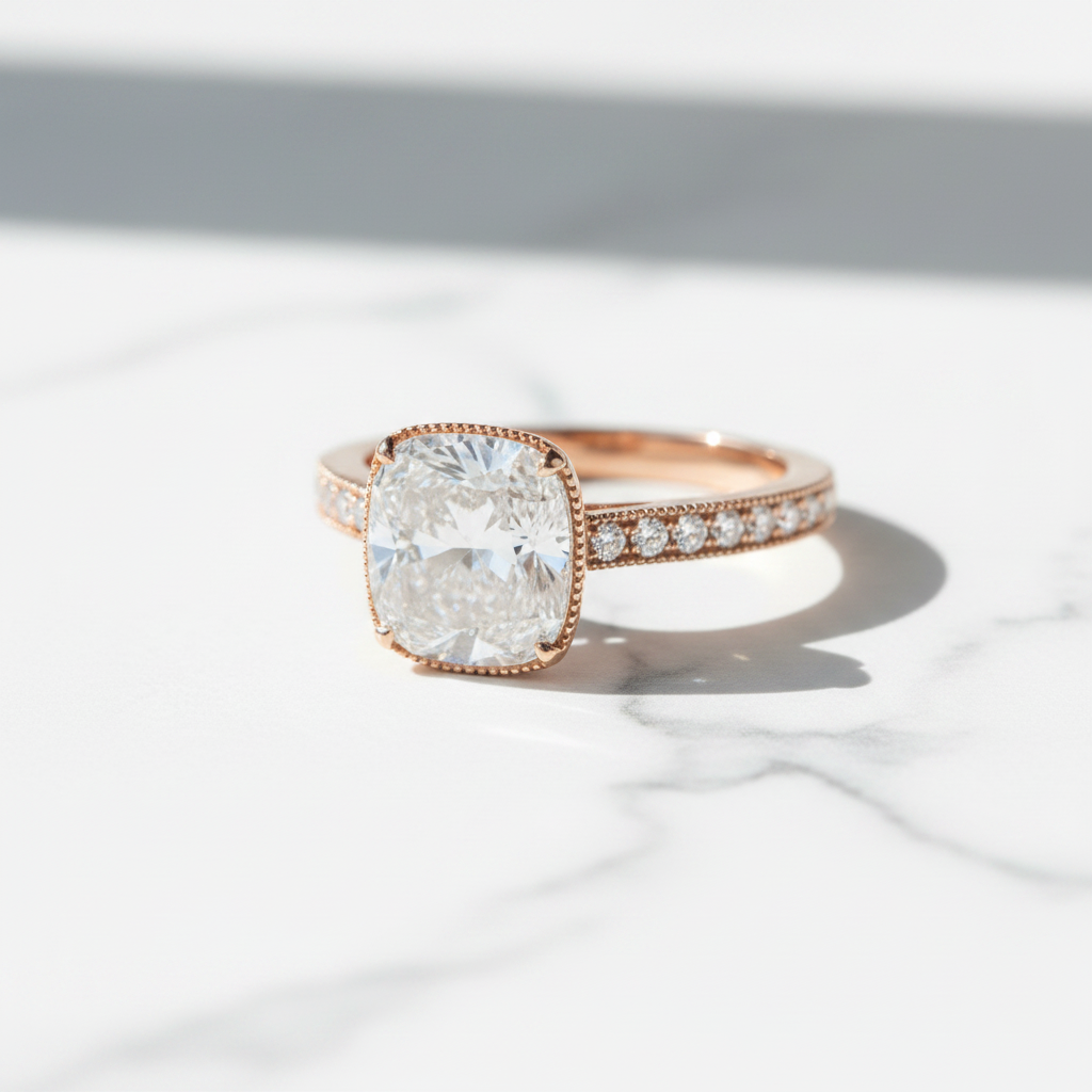 The Mayfair Cushion Cut Vintage Pave Ring — 45° Marble