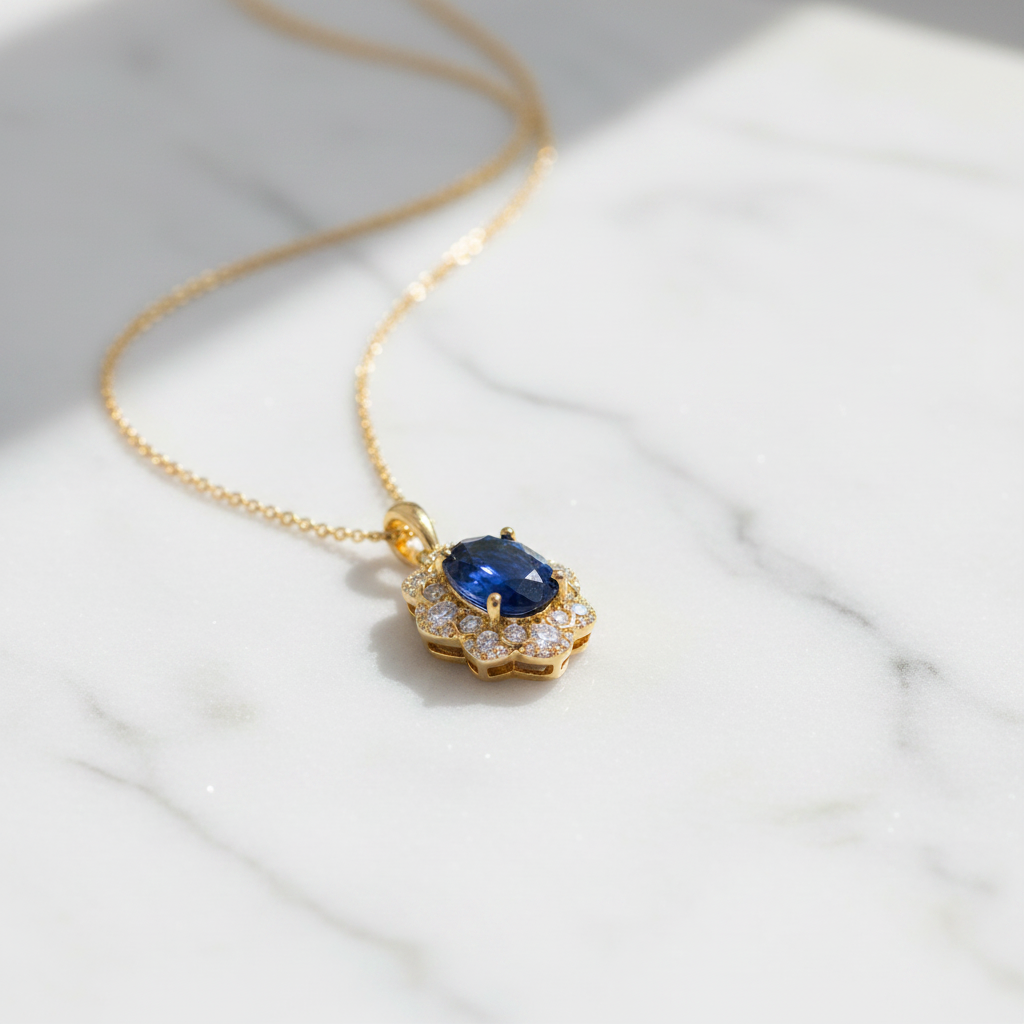 The Piccadilly Royal Blue Sapphire Halo Necklace — 45° Marble