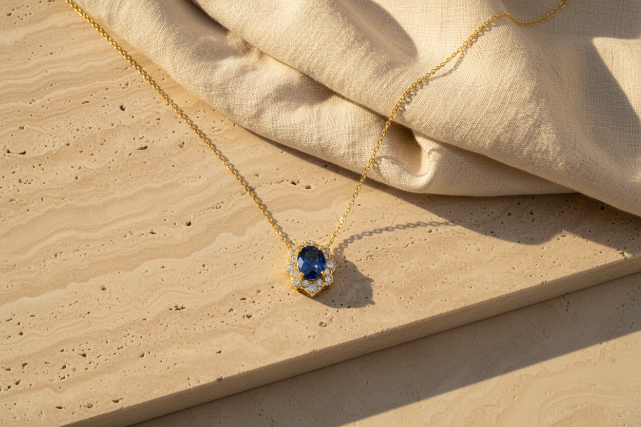 The Piccadilly Royal Blue Sapphire Halo Necklace — Lifestyle