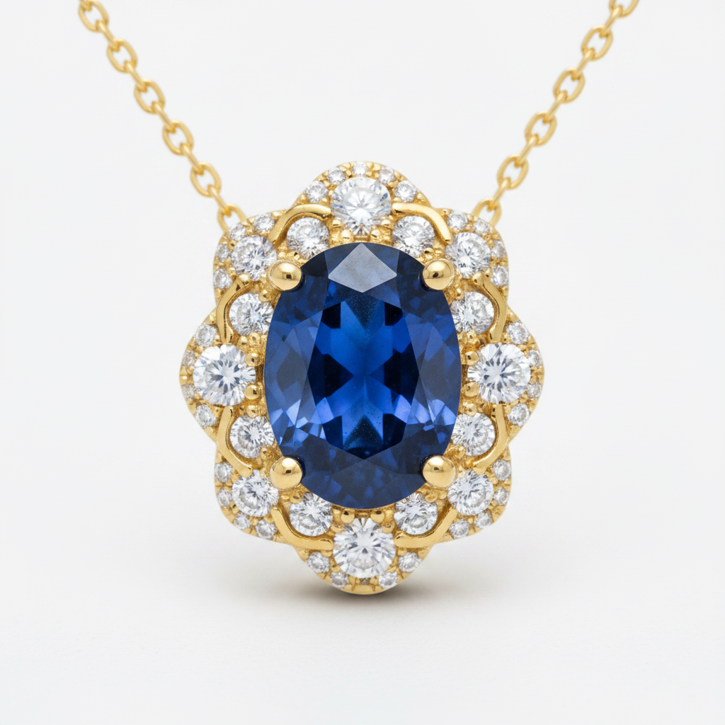The Piccadilly Royal Blue Sapphire Halo Necklace — Macro