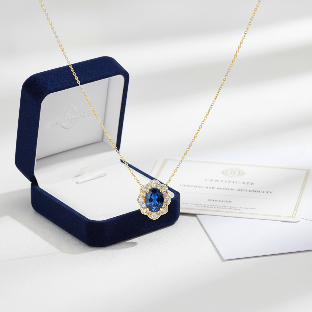 The Piccadilly Royal Blue Sapphire Halo Necklace — Packaging