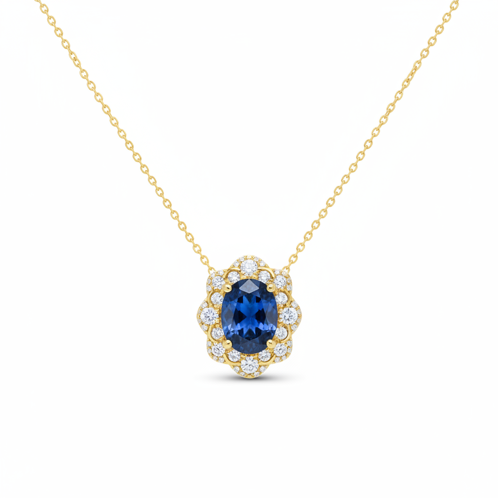 The Piccadilly Royal Blue Sapphire Halo Necklace — White Seamless