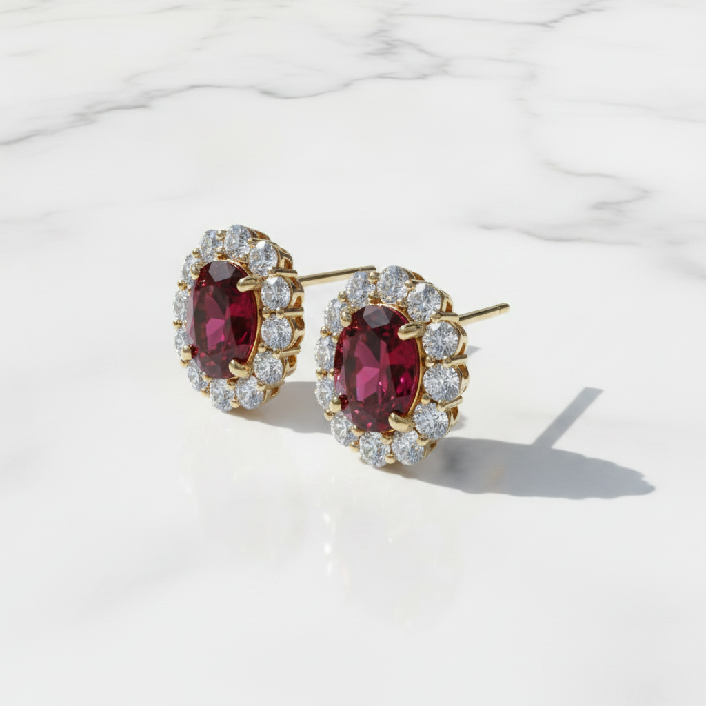 The Richmond Ruby & Diamond Halo Studs — 45° Marble