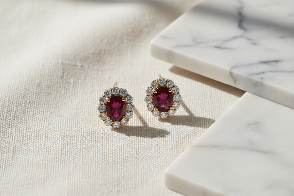 The Richmond Ruby & Diamond Halo Studs — Editorial Flat Lay