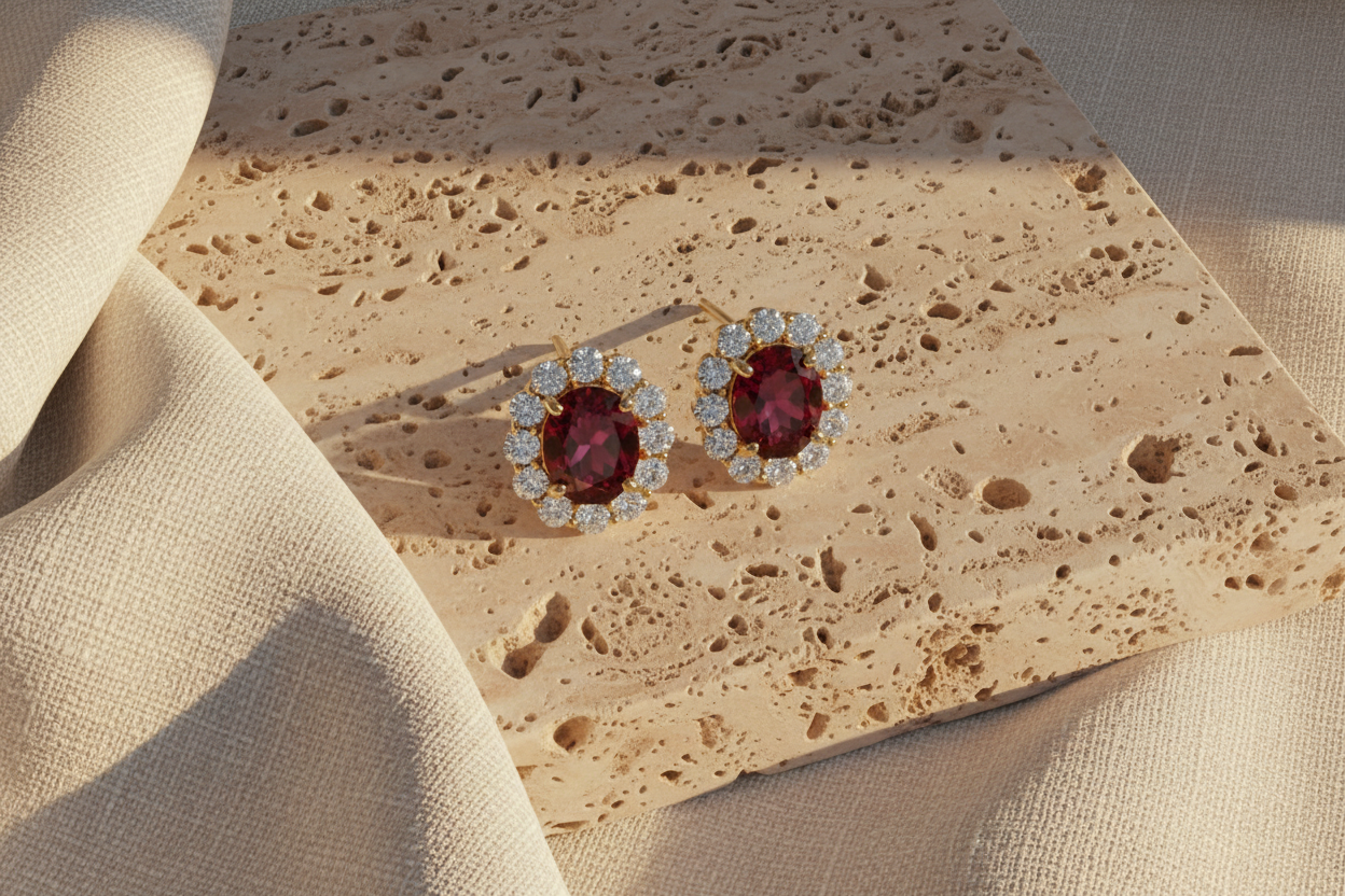 The Richmond Ruby & Diamond Halo Studs — Lifestyle