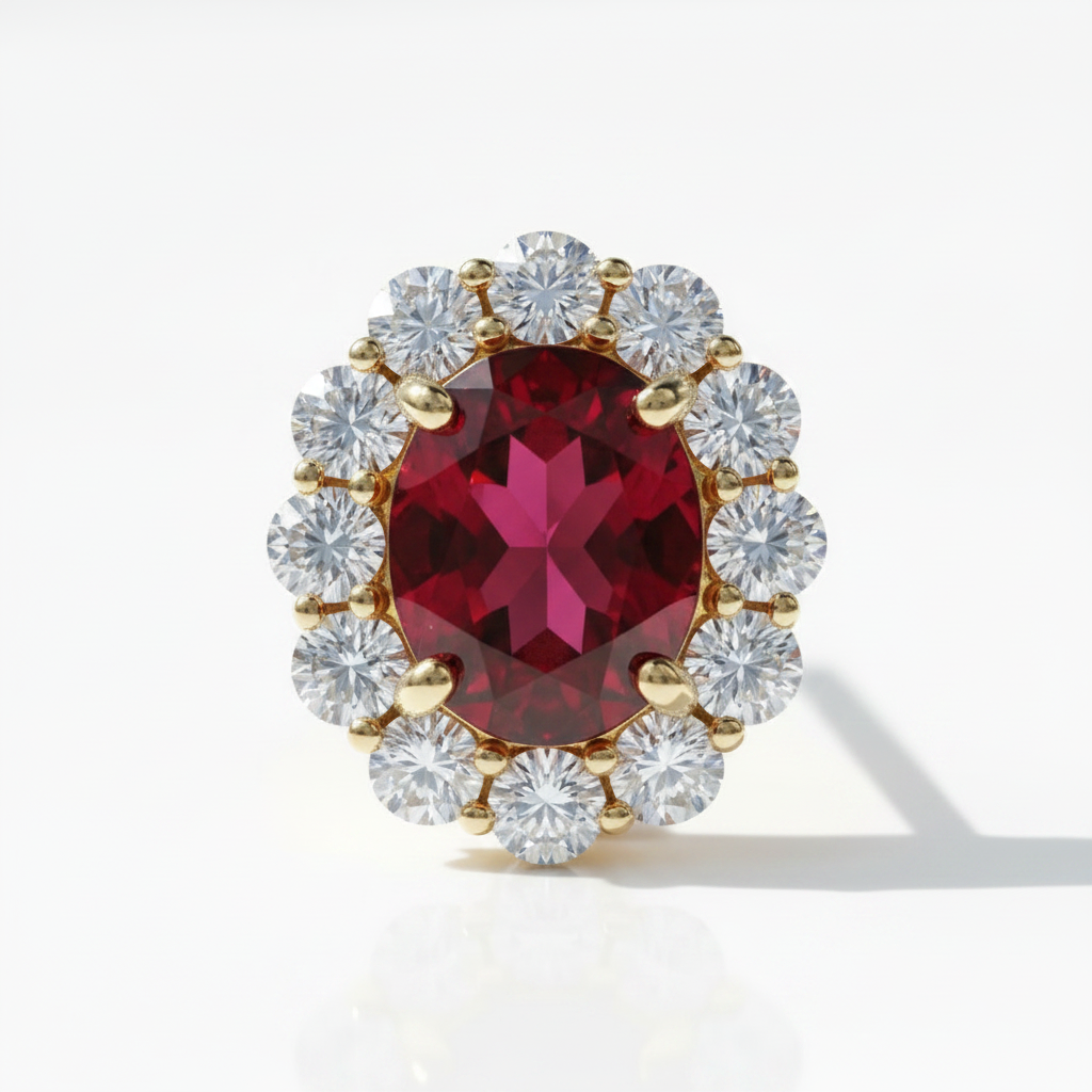 The Richmond Ruby & Diamond Halo Studs — Macro