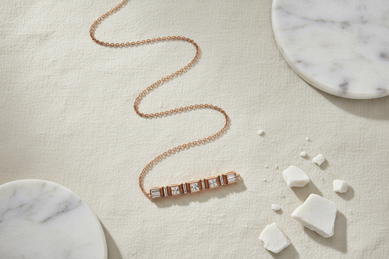 The Soho Geometric Diamond Bar Necklace — Editorial Flat Lay