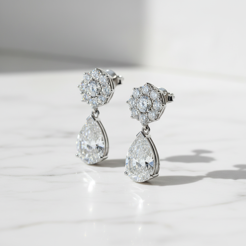 The Wimbledon Pear-Shaped Diamond Drop Earrings — 45° Marble