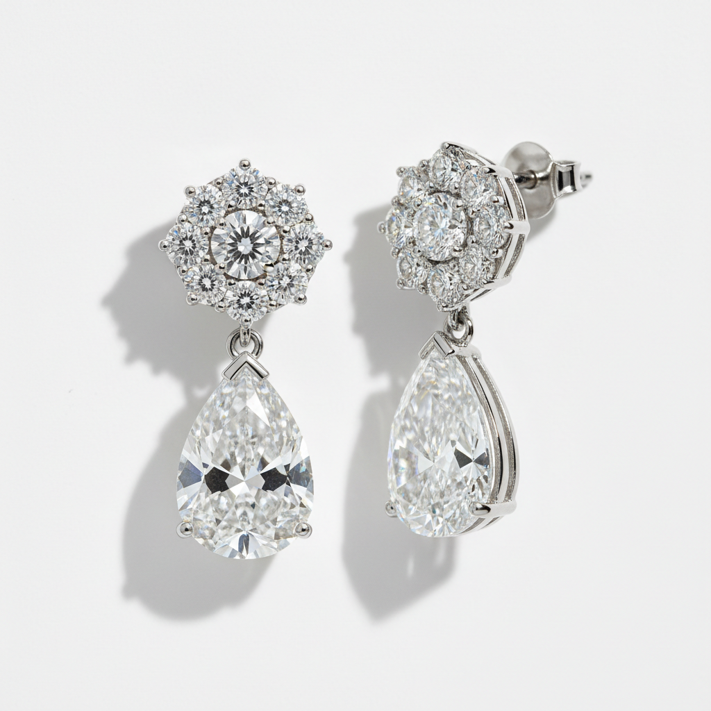 The Wimbledon Pear-Shaped Diamond Drop Earrings — White Seamless